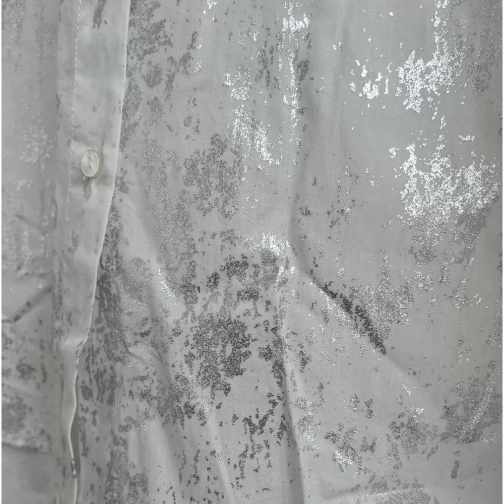 Zara Brushed Silver Metallic Foil White Cotton Button-Up Blouse | S | NWT - Picture 7 of 12